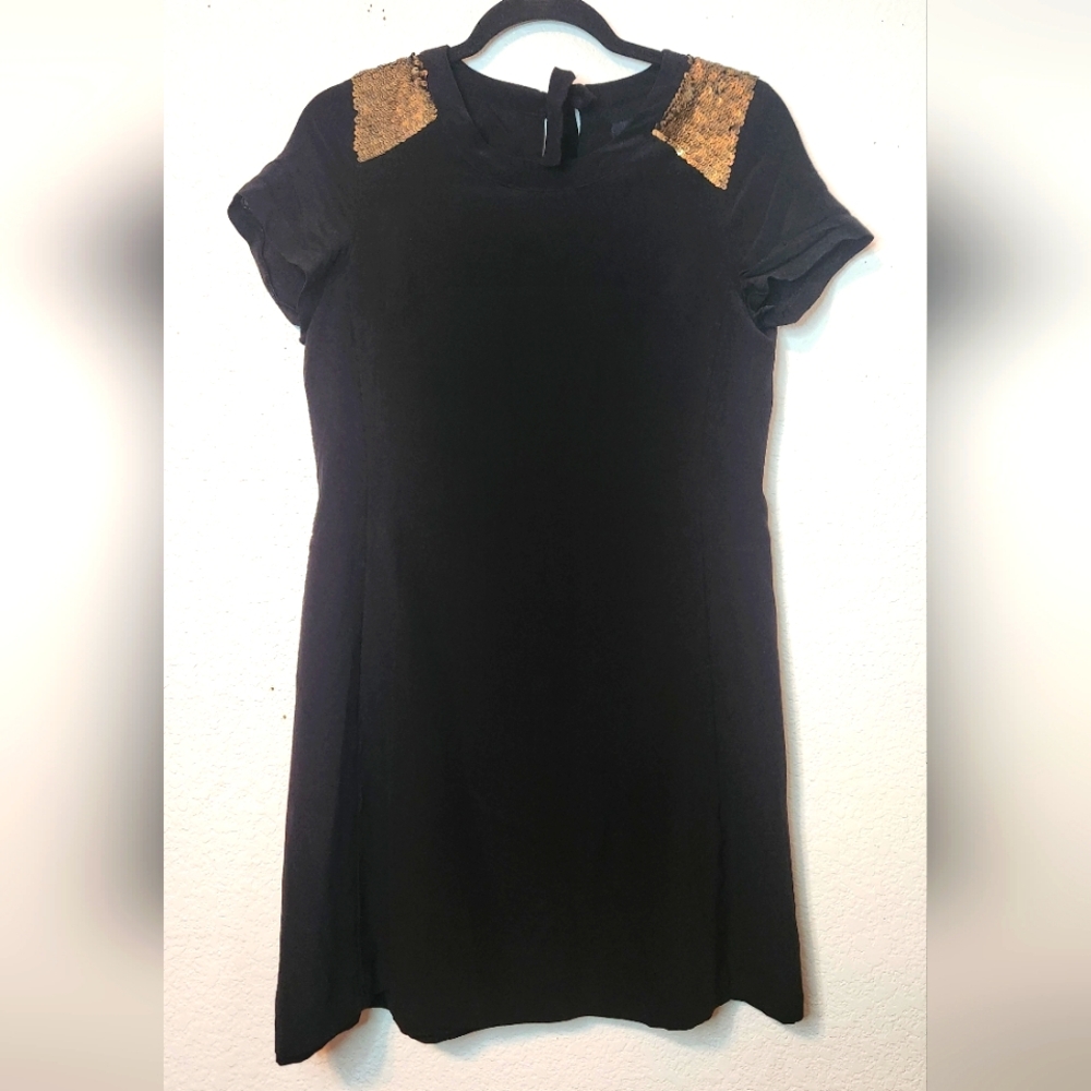 Madewell Black Silk Shift Dress with Gold‎ Sequin Yoke and Bow Back, Size 4
